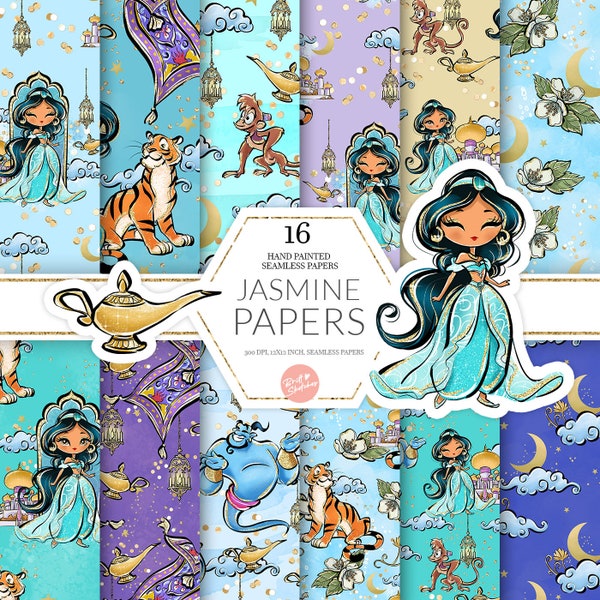 Jasmine Digital Paper, Arabian Princess, Cute Kids Art, High Res JPG Seamless Pattern, Custom Fabric POD Supplies