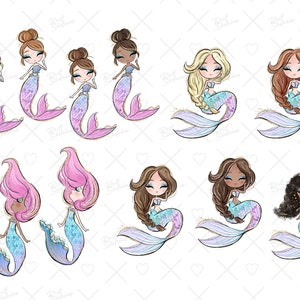 May include: A set of ten digital illustrations of mermaids with different hair colours and styles. The mermaids are all wearing seashell bras and have long, flowing tails. The illustrations are in a cartoon style and are perfect for use in digital scrapbooking, card making, or other creative projects.