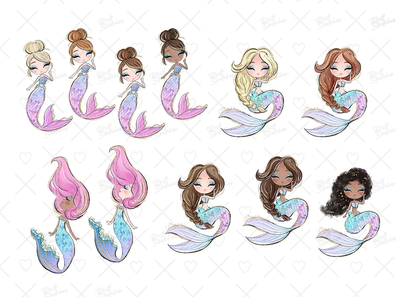 May include: A set of ten digital illustrations of mermaids with different hair colours and styles. The mermaids are all wearing seashell bras and have long, flowing tails. The illustrations are in a cartoon style and are perfect for use in digital scrapbooking, card making, or other creative projects.