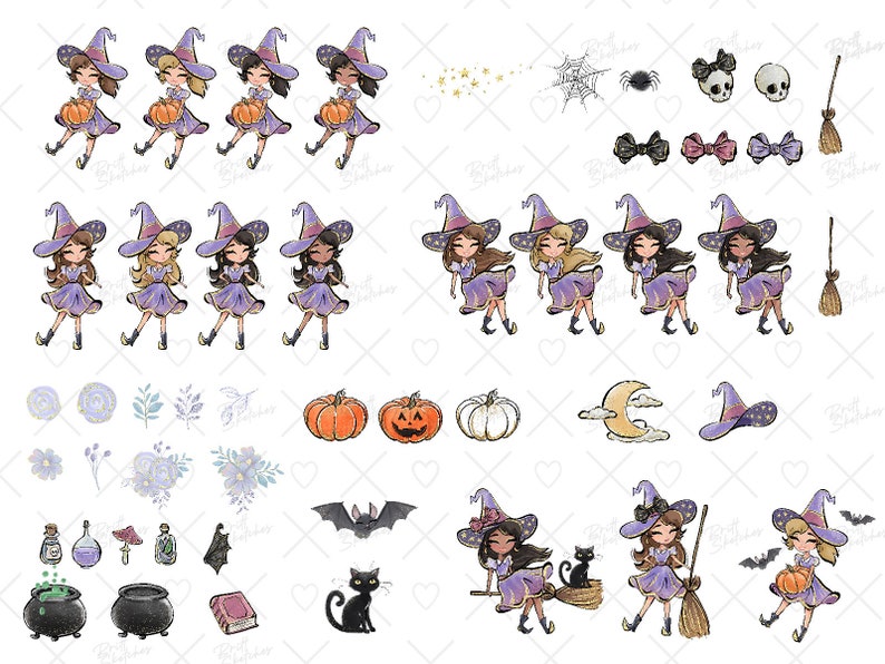 May include: A set of digital clipart featuring cute witches with purple hats and dresses, pumpkins, bats, brooms, and other Halloween-themed elements. The clipart is perfect for creating digital projects, such as invitations, cards, and scrapbook pages.