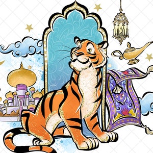 May include: A cartoon tiger with orange and black stripes sits on a purple and gold magic carpet. The tiger is smiling and looking to the right. In the background is a gold and white palace with a blue and gold archway. A gold lamp with a genie is flying in the air above the tiger.