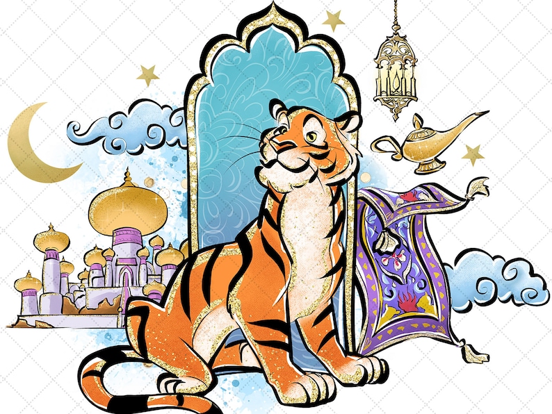 May include: A cartoon tiger with orange and black stripes sits on a purple and gold magic carpet. The tiger is smiling and looking to the right. In the background is a gold and white palace with a blue and gold archway. A gold lamp with a genie is flying in the air above the tiger.