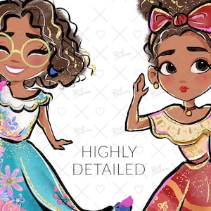 May include: Two cartoon illustrations of girls wearing traditional Mexican dresses. The girl on the left is wearing a turquoise dress with floral embroidery and a white top. The girl on the right is wearing a red dress with gold embroidery and a white top. Both girls have brown hair and brown eyes.