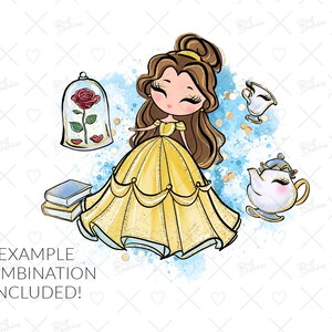 May include: A cartoon illustration of Belle from Beauty and the Beast. She is wearing a yellow dress and has a rose in her hand. The background is a blue watercolor wash with gold glitter.