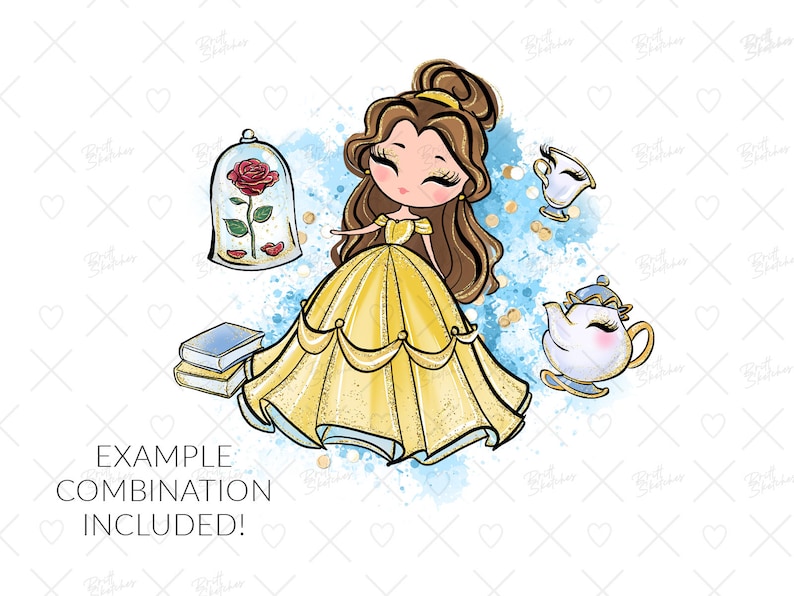 May include: A cartoon illustration of Belle from Beauty and the Beast. She is wearing a yellow dress and has a rose in her hand. The background is a blue watercolor wash with gold glitter.