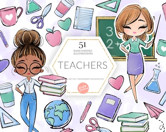 Clipart nauczyciela, powrót do szkoły, grafika nauczycielki, artykuły papiernicze, edukacja, klasa, naklejki planera tkanina PNG POD Supplies