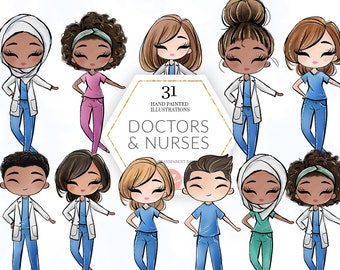 Nurses and Doctors Medical Clipart, Cute Female Male Nurses African American Hijab Muslim Hospital Graphics Pandemic Fabric PNG POD Supplies
