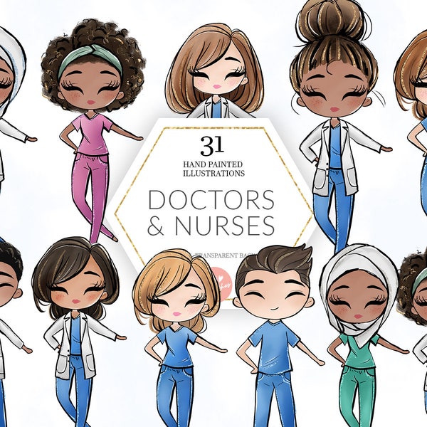 Nurses and Doctors Medical Clipart, Cute Female Male Nurses African American Hijab Muslim Hospital Graphics Pandemic Fabric PNG POD Supplies