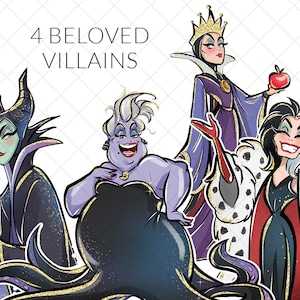 May include: Illustration of four Disney villains: Maleficent, Ursula, the Evil Queen, and Cruella de Vil. The image is in a cartoon style with a sparkly background. The text "4 BELOVED VILLAINS" is at the top of the image.