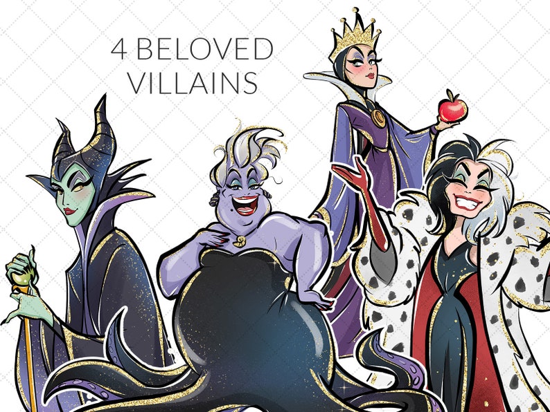 May include: Illustration of four Disney villains: Maleficent, Ursula, the Evil Queen, and Cruella de Vil. The image is in a cartoon style with a sparkly background. The text "4 BELOVED VILLAINS" is at the top of the image.