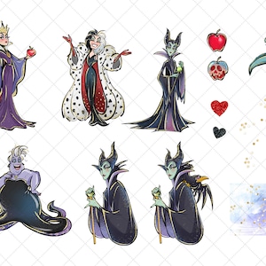 May include: A digital illustration featuring various Disney villains, including Maleficent, Cruella de Vil, and Ursula. The image includes a red heart, a green apple, and a black heart.