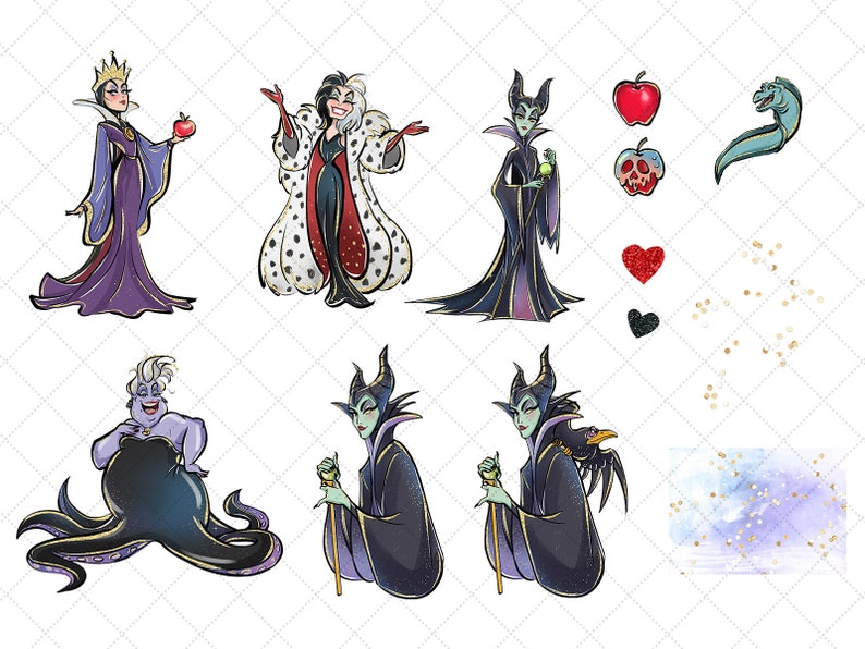 May include: A digital illustration featuring various Disney villains, including Maleficent, Cruella de Vil, and Ursula. The image includes a red heart, a green apple, and a black heart.