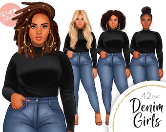 Fashion Girl Clipart, Curvy Denim Girls, Jeans Girl Clipart, African American, Black Women, Afro, Planner Stickers Fabric PNG POD Supplies