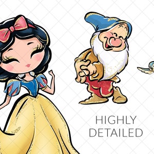 Snow White Clipart, Princess PNG, Seven Dwarves, Fairytale, Deer, Cottage, Birds, Hand Drawn, Cute Glitter Kids Art, Fabric ,POD image 5