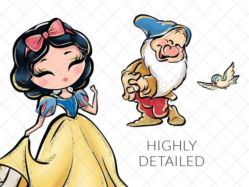 Pode incluir: Uma ilustra&ccedil;&atilde;o de desenho animado de Branca de Neve e um an&atilde;o do conto de fadas Branca de Neve e os Sete An&otilde;es. Branca de Neve est&aacute; vestindo um vestido amarelo com um corpete azul e um la&ccedil;o vermelho no cabelo. O an&atilde;o est&aacute; vestindo um chap&eacute;u azul e uma roupa vermelha e dourada. A ilustra&ccedil;&atilde;o est&aacute; em um estilo de desenho animado e tem um efeito brilhante.