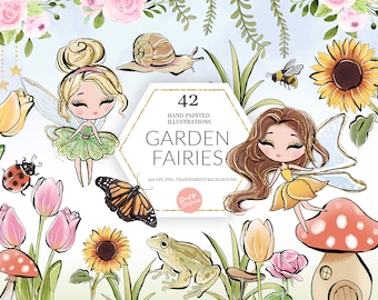 May include: A set of 42 hand-painted illustrations of garden fairies. The illustrations feature fairies with wings, flowers, a snail, a bee, a ladybug, a butterfly, a frog, and a mushroom house. The illustrations are in a whimsical style and are perfect for adding a touch of magic to any project.