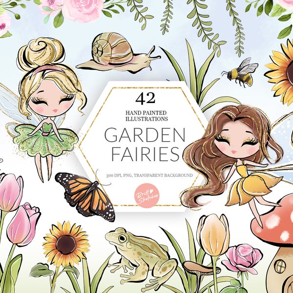 Garden Fairy Clipart, Flower Fairies, Spring, Summer, Butterfly, Tulips Sunflower Cute Kids Pastel Planner Stickers Fabric PNG POD Supplies