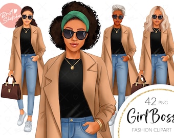 Girlboss Fashion Clipart, Fashion Girl, Abrigo Denim Jefe Lady Babe Afroamericano, Mujer Negra, Planificador Pegatinas Tela PNG POD Suministros