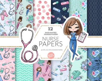Nurses Medical Digital Paper, Seamless Pattern, Medical Female Nurses Hospital Masks Bandaid Watercolor Pandemic Planner Fabric POD Supplies