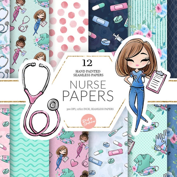 Nurses Medical Digital Paper, Seamless Pattern, Medical Female Nurses Hospital Masks Bandaid Watercolor Pandemic Planner Fabric POD Supplies