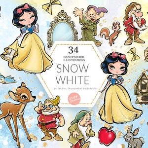 Clipart de branca de neve, princesa PNG, sete anões, conto de fadas, veado, casa de campo, pássaros, desenhado à mão, arte infantil com brilho fofo, tecido, POD