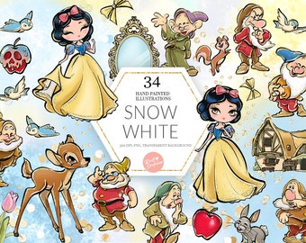 Snow White Clipart,  Princess PNG, Seven Dwarves, Fairytale, Deer, Cottage, Birds, Hand Drawn, Cute Glitter Kids Art, Fabric ,POD