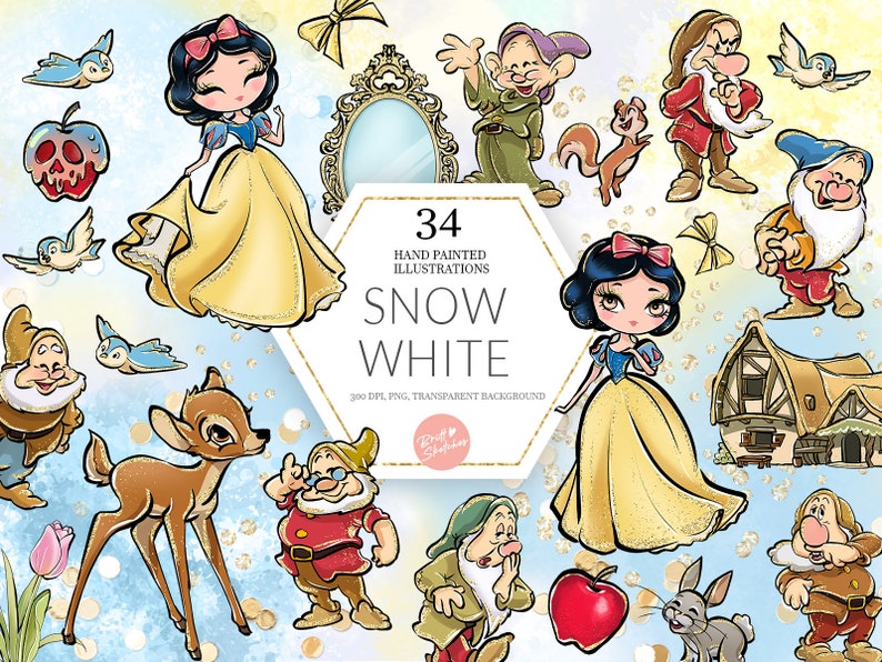 Snow White Clipart, Princess PNG, Seven Dwarves, Fairytale, Deer, Cottage, Birds, Hand Drawn, Cute Glitter Kids Art, Fabric ,POD image 1