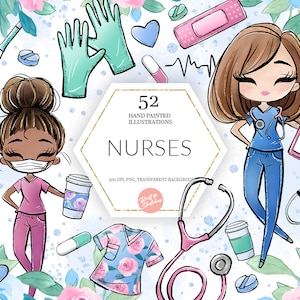 Nurses Medical Clipart, Medical Female Nurses Hospital Graphics Masks Bandaid Watercolor Pandemic Planner Stickers Fabric PNG POD Supplies