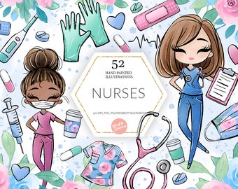 Nurses Medical Clipart, Medical Female Nurses Hospital Graphics Masks Bandaid Watercolor Pandemic Planner Stickers Fabric PNG POD Supplies