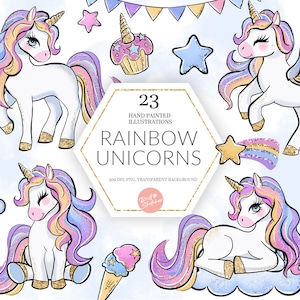 Clipart de unicórnio arco-íris, unicórnio PNG, glitter, doces, estrelas de arco-íris, donuts, sorvete, adesivos fofos para crianças, planejador pastel, tecido, suprimentos para POD