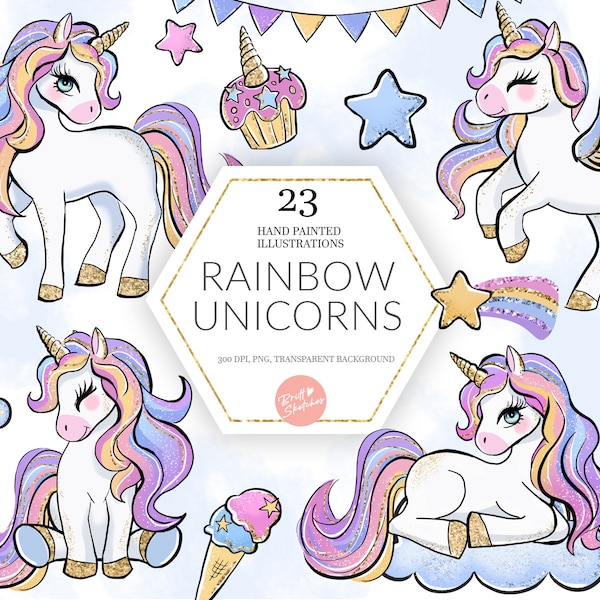 Rainbow Unicorn Clipart, Unicorn PNG, Glitter, Sweets, Rainbow Stars Donut IceCream Cute Kids Pastel Planner Stickers Fabric POD Supplies