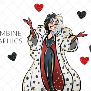 May include: A cartoon illustration of Cruella de Vil, a character from Disney's 101 Dalmatians, wearing a black and white dalmatian fur coat with red accents and a black and white spotted dress. She is holding her arms out to the sides, with a mischievous smile on her face. There are red and black hearts with glitter accents scattered around her.