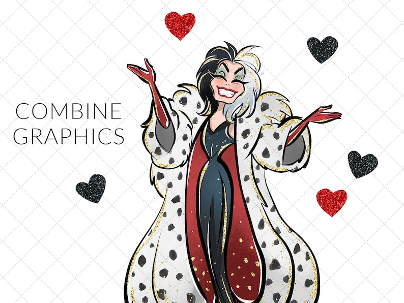 May include: A cartoon illustration of Cruella de Vil, a character from Disney's 101 Dalmatians, wearing a black and white dalmatian fur coat with red accents and a black and white spotted dress. She is holding her arms out to the sides, with a mischievous smile on her face. There are red and black hearts with glitter accents scattered around her.