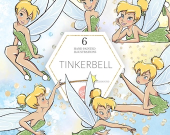 Tinkerbell Clipart, Tinkerbell PNG, Tinkerbell Watercolor Art, Glitter Fairies, POD Sublimation, Cute Kids Clipart, Instant Download