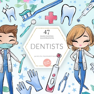 Clipart Médico Dentista, Dentista Masculino Feminino, Esfoliante, Uniforme Dentário Escova de Dentes Pasta de Dentes Médico Planejador Adesivos Tecido PNG POD