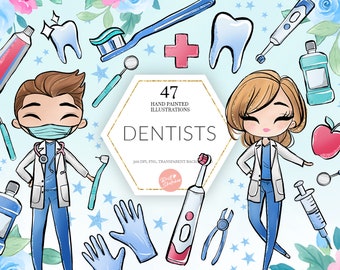Dentist Medical Clipart, Female Male Dentist, Scrubs,  Dental Uniform Tooth Toothbrush Toothpaste Doctor Planner Stickers Fabric PNG POD