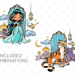 May include: Digital clipart set featuring a princess in a blue dress and a tiger with a magic carpet. The princess has long black hair and brown eyes. The tiger is orange and black with a white stripe on its face. The background is a watercolour wash of blue and gold.