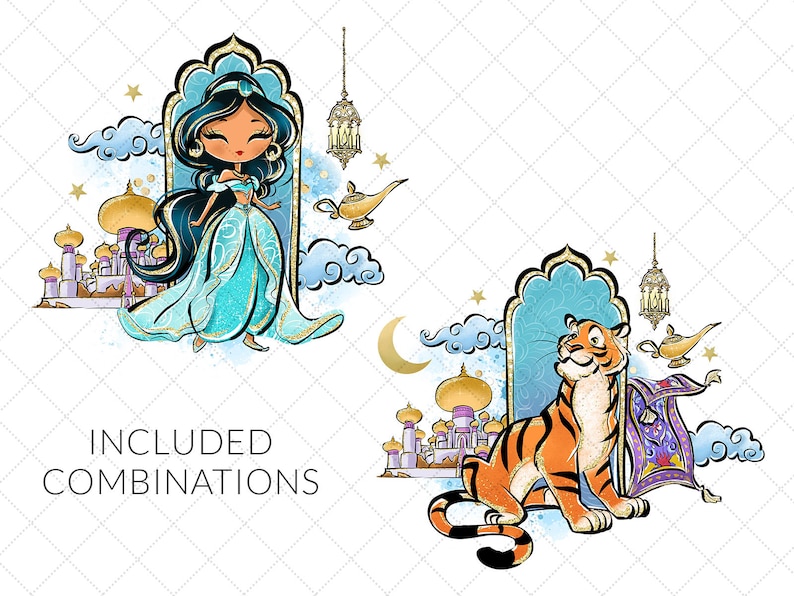 May include: Digital clipart set featuring a princess in a blue dress and a tiger with a magic carpet. The princess has long black hair and brown eyes. The tiger is orange and black with a white stripe on its face. The background is a watercolour wash of blue and gold.