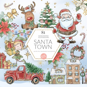 Santa Town Clipart, Weihnachten PNG, Elfe und Rentier, Weihnachtsdorf, Santa Truck, Digitaler Planer Sticker Stoff POD Supplies