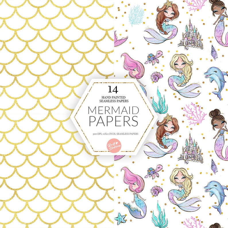 Mermaids Digital Paper, Pastel Version, High Res JPG Seamless Pattern, Glitter Dolphin, Mermaids, Sea Turtle Castle Fabric POD Supplies image 7