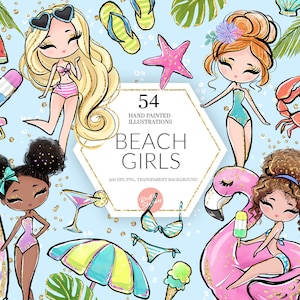 Beach Girls Clipart, Sommer PNG, Glitter Dolls, Urlaub, Strand, Bikini, Palmen, Pool Float, Seestern, Handgezeichnet, Niedlich, Sublimation
