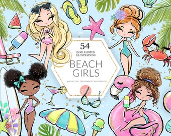Beach Girls Clipart, Summer PNG, Glitter Dolls, Vacation, Beach, Bikini, Palms, Pool Float, Starfish, Hand drawn, Cute, Sublimation