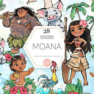 Clipart Moana, princesse polynésienne PNG, Maui, HeiHei, Pua, bébé Moana, dessiné à la main, mignon Glitter Kids Art, téléchargement immédiat