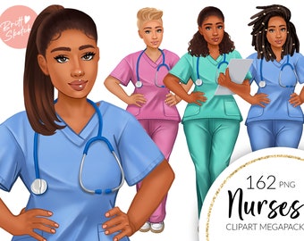 Nurse Clipart, Curvy Female Nurses, Medical Scrubs Fashion African American, Black Woman, Hospital Planner Stickers Fabric PNG POD Supplies