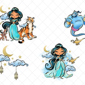 Jasmine Clipart, Arabian Princess PNG, Tiger, Monkey, Castle, Hand Drawn, Cute Glitter Kids Art, Decoration, Watercolor Fabric ,POD image 4