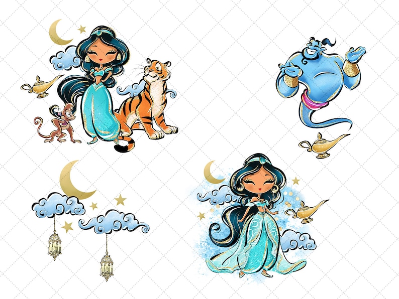 Jasmine Clipart, Arabian Princess PNG, Tiger, Monkey, Castle, Hand Drawn, Cute Glitter Kids Art, Decoration, Watercolor Fabric ,POD image 4