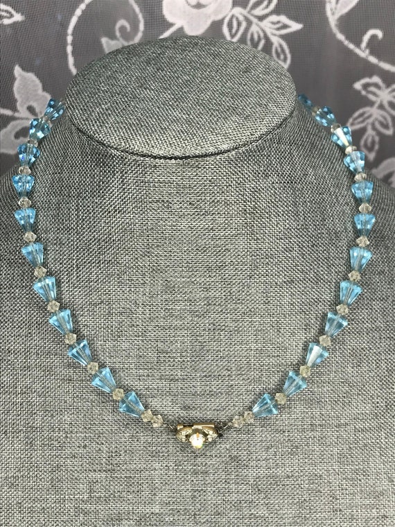 Vintage Blue and Clear cut glass Necklace with je… - image 1