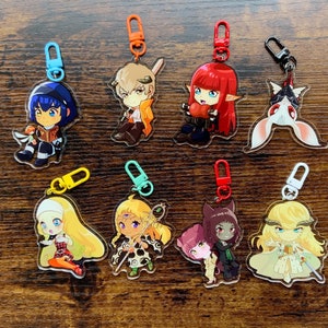 May include: Eight colourful anime character keychains with different designs. Each keychain features a different character with unique clothing and accessories. The keychains are made of clear acrylic and have a metal ring for attaching to keys or bags.