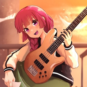 Puede incluir: Ilustración de estilo anime de una persona con cabello rosado sosteniendo un bajo marrón. La persona lleva una chaqueta negra y blanca y una falda verde. El fondo es de un tono cálido y anaranjado.