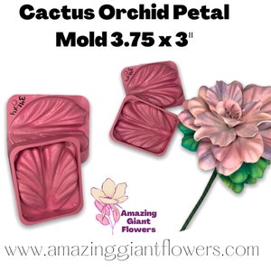 May include: Two pink silicone molds for making cactus orchid petals. The molds are 3.75 inches by 3 inches. The molds are shown next to a large, pink, and green orchid flower.